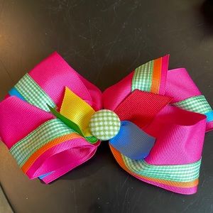 EUC- Hair Bow-hot pink with green gingham, yellow,blue and red accents-sweet!